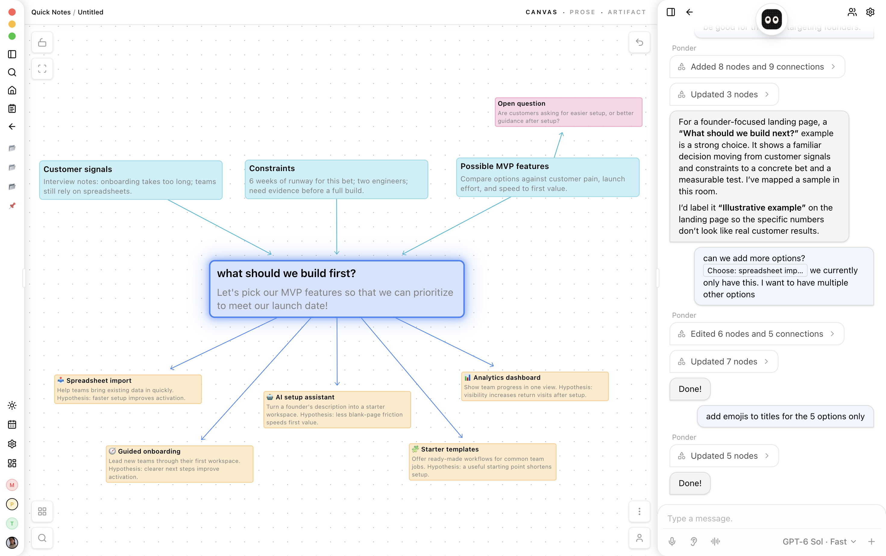Ponder canvas showing a product decision connected to customer signals, constraints, and possible features, with the AI conversation beside it.